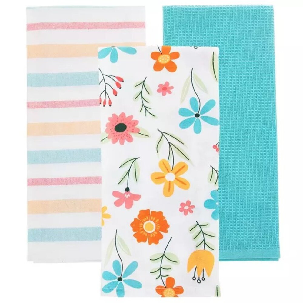 Flowers & Stripes Kitchen Towels Set of 3 NEW